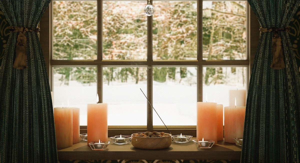 A 3D rendering of candles and chestnuts infront of the window on a winters day related to Exploring the Elegance of Window Treatment Valance Styles