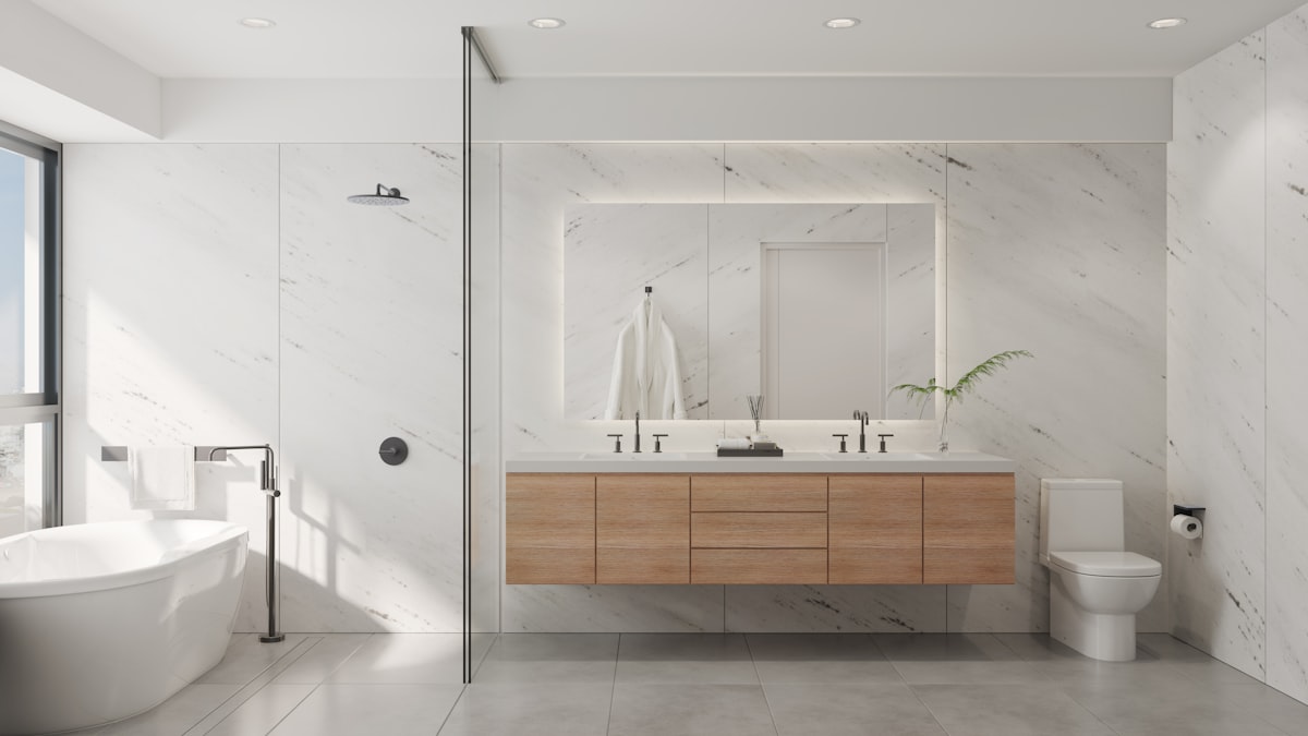 a bathroom with a tub, sink, and mirror related to Elevate Your Bathroom Style: Unlock the Secrets of Valances for Bathroom Windows