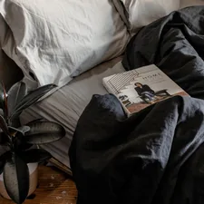 a bed with a plant and a book on it related to Dark Grey Coverlet: A Comprehensive Guide