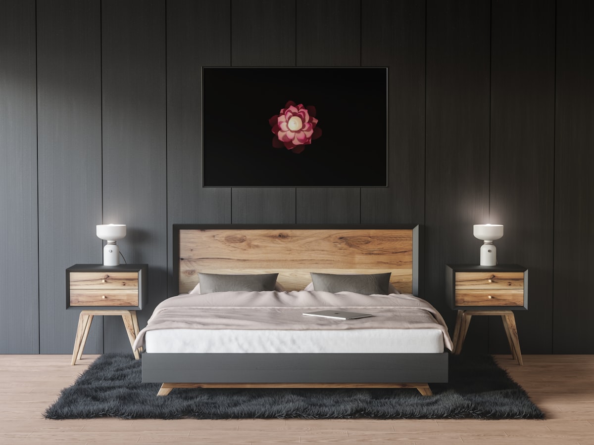 a bedroom with a bed, nightstands and a painting on the wall related to Galaxy Bed Set For Deep Night Sky Nightscape