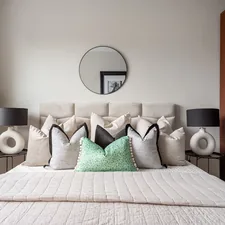 A bedroom with a large bed and a mirror on the wall related to Transform Your Bedroom with Mint Green Chevron Bedding