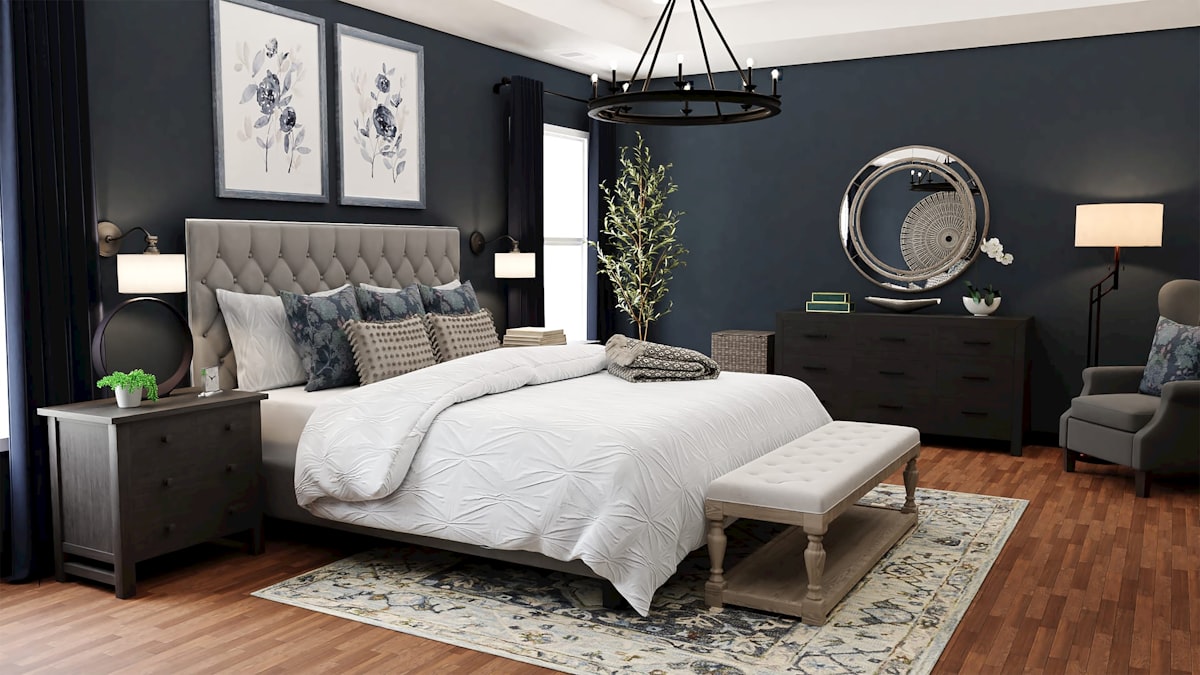 a bedroom with blue walls and a large bed related to Elevate Your Bedroom Style with a Gray Matelasse Coverlet