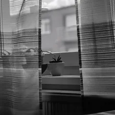a black and white photo of a window with curtains related to Striped Curtain Valances