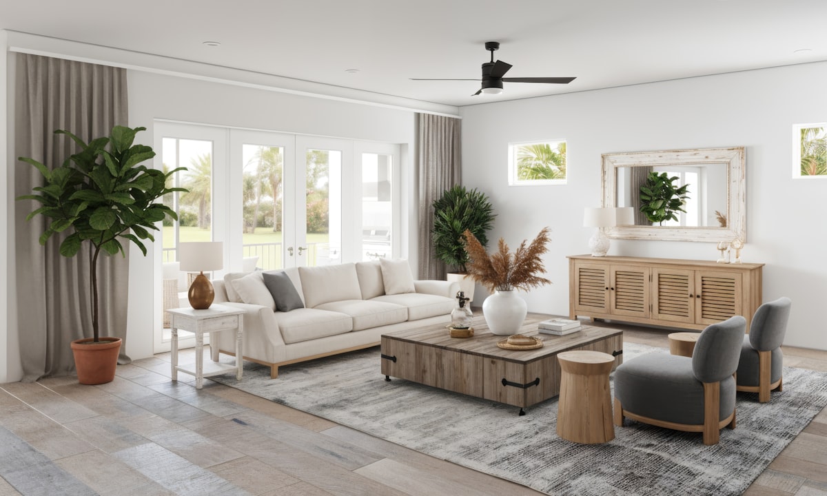 A bright and inviting living room designed with a modern coastal aesthetic. This beautifully rendered interior features a comfortable off-white sofa facing a rustic wooden coffee table, complemented by a matching sideboard and two stylish gray accent chairs. Large indoor plants, including a prominent fiddle-leaf fig, add a touch of nature to the serene, neutral color palette. Natural light floods the space through large French doors that open to a patio, enhancing the airy and relaxed atmosphere. This image perfectly captures a blend of comfort, elegance, and casual coastal living. related to Elevating Home Decor: The Four Hands Sideboard
