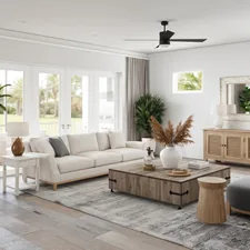 A bright and inviting living room designed with a modern coastal aesthetic. This beautifully rendered interior features a comfortable off-white sofa facing a rustic wooden coffee table, complemented by a matching sideboard and two stylish gray accent chairs. Large indoor plants, including a prominent fiddle-leaf fig, add a touch of nature to the serene, neutral color palette. Natural light floods the space through large French doors that open to a patio, enhancing the airy and relaxed atmosphere. This image perfectly captures a blend of comfort, elegance, and casual coastal living. related to Elevating Home Decor: The Four Hands Sideboard