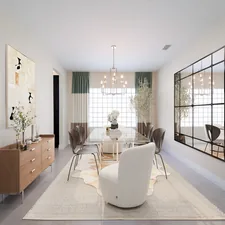 A bright and modern dining room featuring a glass-top table, neutral-toned chairs, and a cozy boucle accent chair. Natural light floods through a large glass block window, highlighting elegant greenery, a contemporary chandelier, and a large industrial-style mirror that adds depth and dimension. The soft color palette, sleek sideboard, and layered textures create a serene and stylish ambiance perfect for hosting or relaxing. related to Elevate Your Dining Experience: The Ultimate Guide to Sideboards and Buffets