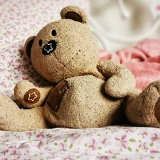 a brown teddy bear sitting on top of a bed related to Charming Nursery Ideas with Cozy Bedding