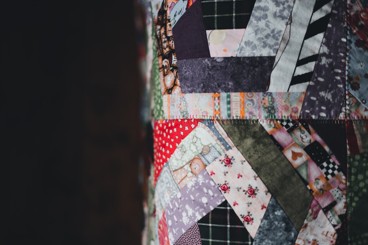 a close up of a patchwork wall hanging related to The Future of Quilting: Modern Quilts and Coverlets