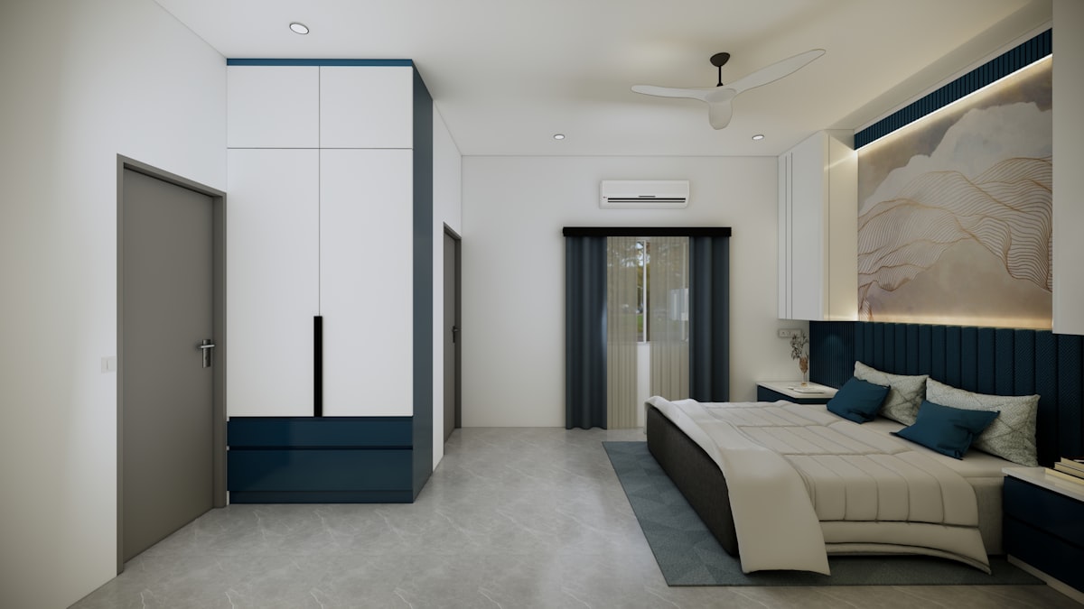 A contemporary master bedroom 3D render featuring a floor-to-ceiling two-tone wardrobe in white and teal-navy, an upholstered panel headboard with ambient lighting, sheer curtains with dark drapes, a split AC unit, and a marble-effect flooring finish. Ideal inspiration for modern Indian bedroom interior design with built-in storage and a cohesive blue accent color palette. related to Creative Ways to Transform Your Bedroom with Headboards