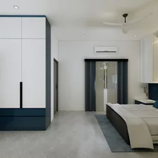 A contemporary master bedroom 3D render featuring a floor-to-ceiling two-tone wardrobe in white and teal-navy, an upholstered panel headboard with ambient lighting, sheer curtains with dark drapes, a split AC unit, and a marble-effect flooring finish. Ideal inspiration for modern Indian bedroom interior design with built-in storage and a cohesive blue accent color palette. related to Creative Ways to Transform Your Bedroom with Headboards