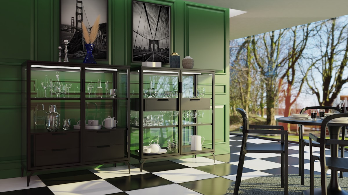 a dining room with a checkered floor and green cabinets related to Enhance Your Home Decor with a Sideboard with Glass Doors