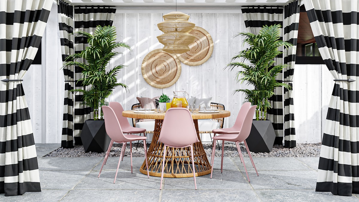 a dining room with black and white striped curtains related to Elevate Your Room with Striped Valance Curtains