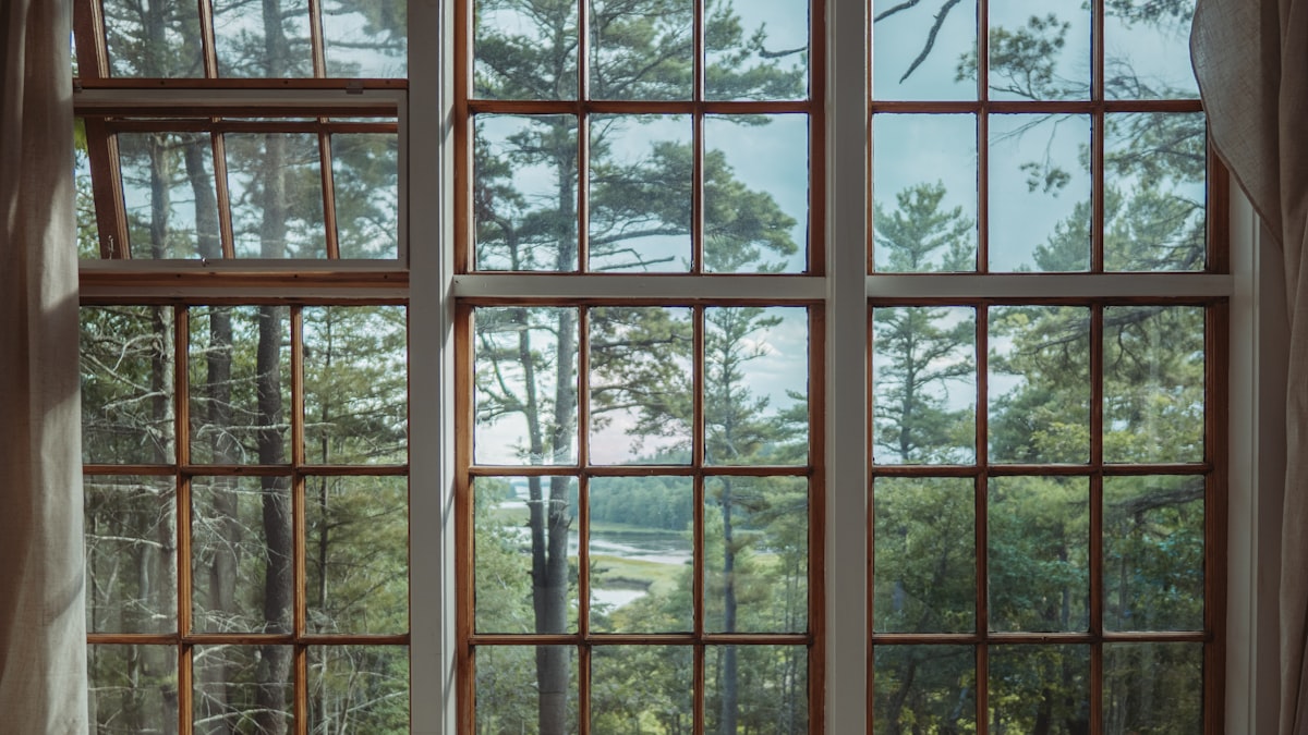 A forested landscape behind a large, vintage, window.  related to Elevate Your Windows with Window Swags and Valances Patterns