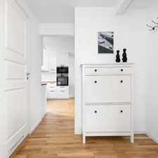 A hallway with a white cabinet and wooden floors related to Narrow Shoe Cabinet Entryway Ideas to Enhance Your Home