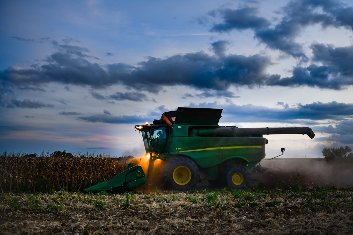 a large green tractor in a corn field related to The Ultimate Guide to John Deere Toddler Bedding: Cozy Comfort for Little Farmers