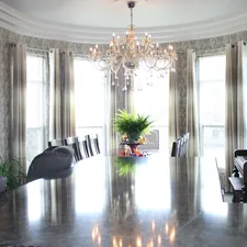 a large room with a piano and chandelier related to Elegant Window Treatments with Park Designs Valance