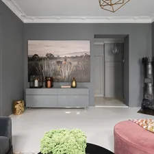 A living room filled with furniture and a painting on the wall related to Grey Painted Sideboard: A Stylish Addition to Your Home
