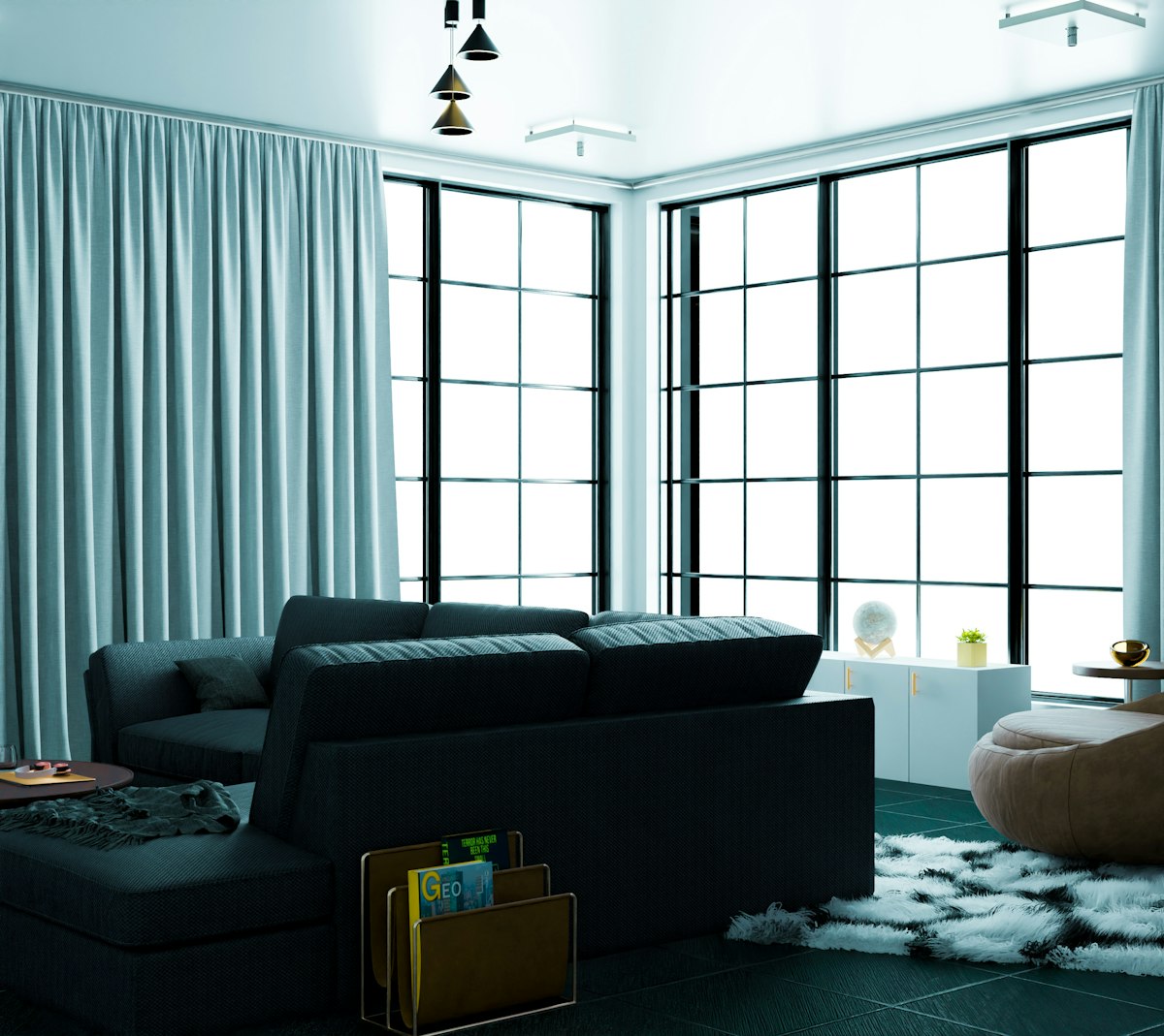 a living room filled with furniture and large windows related to Curtain Valances for Living Room