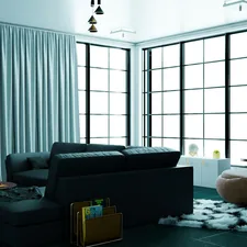 a living room filled with furniture and large windows related to Curtain Valances for Living Room