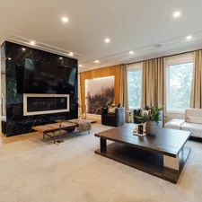 a living room with a couch, coffee table and television related to Valances for Living Room
