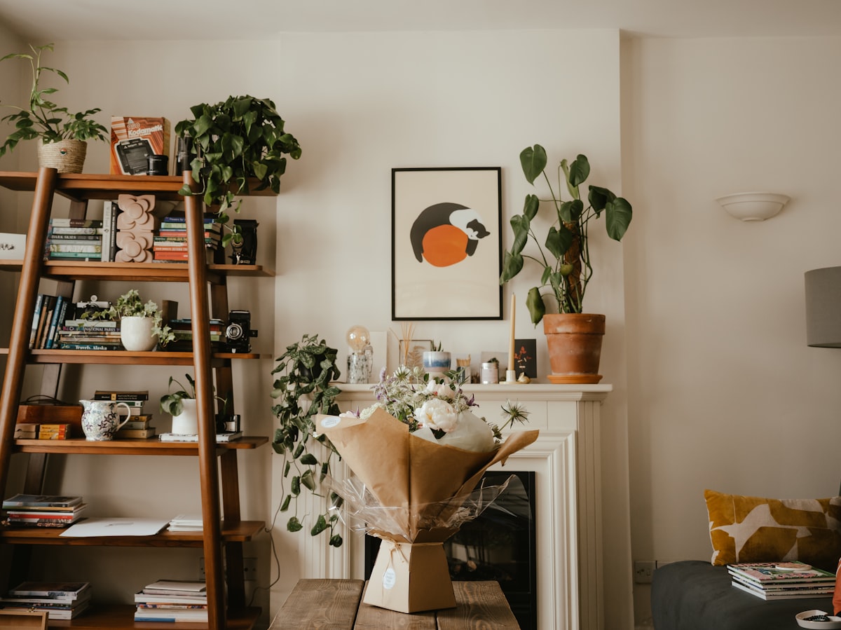 a living room with a fireplace and shelves with plants related to Enhancing Your Space