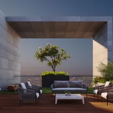 A minimalist architectural 3D rendering of a luxury rooftop terrace at dusk. The design is centered around a massive, open-frame brutalist concrete structure that perfectly frames a small, blossoming tree in a central planter. The seating area consists of a modern grey sofa and four matching woven armchairs arranged on a rich, dark wood deck, centered around a low-profile white coffee table. To the right, large built-in planters overflow with tropical ferns and greenery, while a small patch of artificial turf adds a touch of softness to the industrial aesthetic. In the background, the soft gl related to Enhance Your Outdoor Space with the Best Clay Chimineas at Lowes