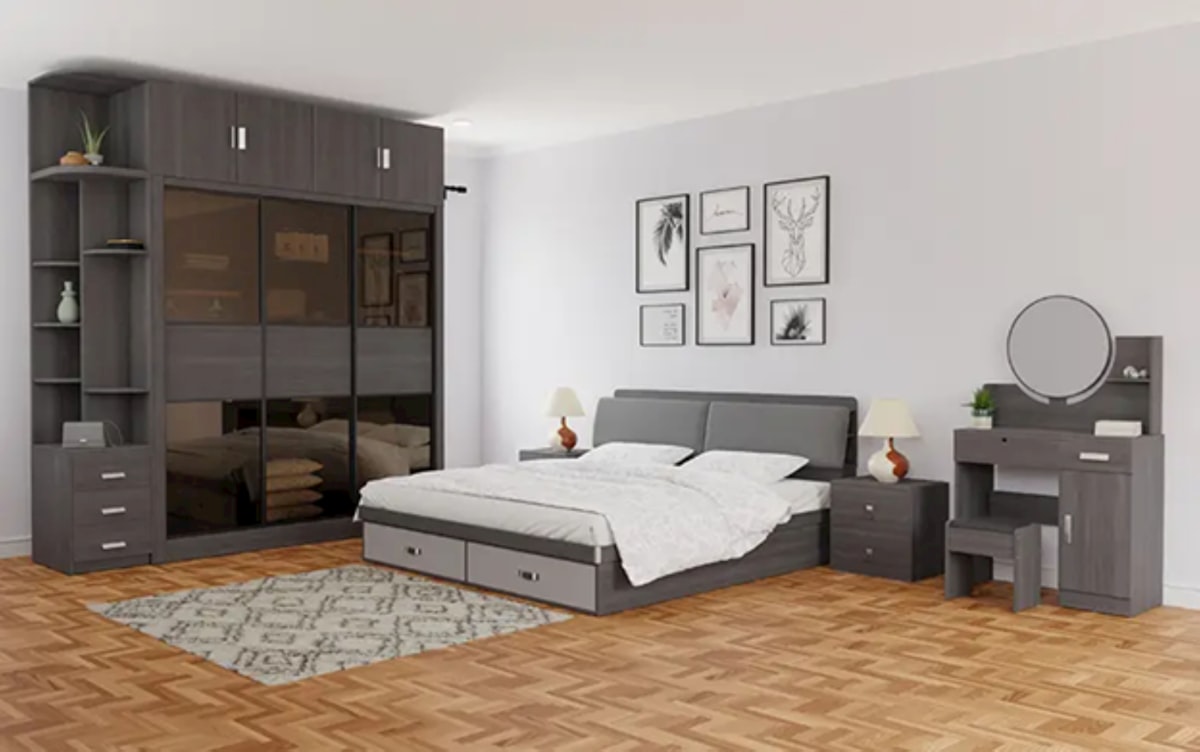 A modern bedroom with furniture and decor. related to Classic Chic: Finding the Perfect Bedroom Sets with Drawers Under Bed