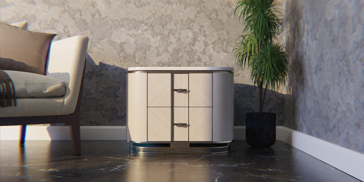 A modern nightstand next to a sofa and potted plant. related to Elevate Your Bedroom Style with the Perfect Sideboard Furniture
