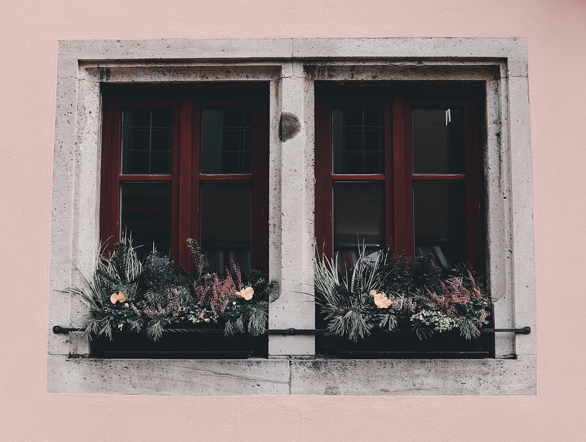 a pink building with two windows filled with plants related to Valances for Windows Ideas
