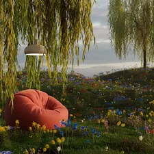 a red bean bag chair sitting in the middle of a field of flowers related to Ultimate Comfort with Versatile Seating Solutions