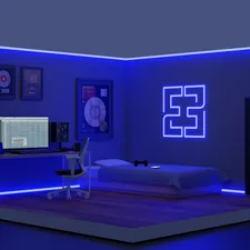 a room with a bed and a desk related to Elevate Your Space with a Blue Window Valance