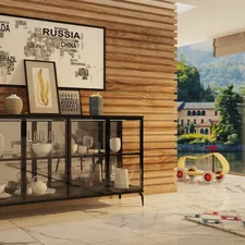 a room with a table, chairs, and pictures on the wall related to Elevate Your Dining Room with a Glass Front Buffet Sideboard