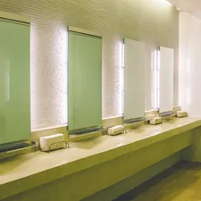 a row of sinks in a public restroom related to Bathroom Window Valance
