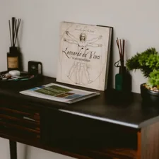 A table features books, plants, and scent diffusers. related to Elevate Your Entryway: Stylish Narrow Entryway Tables for Compact Spaces