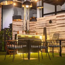 a table with chairs and a light related to Adding a Shine to Your Dining Room with Dining Room Valance Curtains