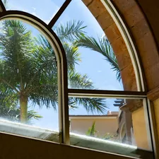 a view of a palm tree through an arched window related to Shaped Valances for Windows: Elevate Your Home Decor
