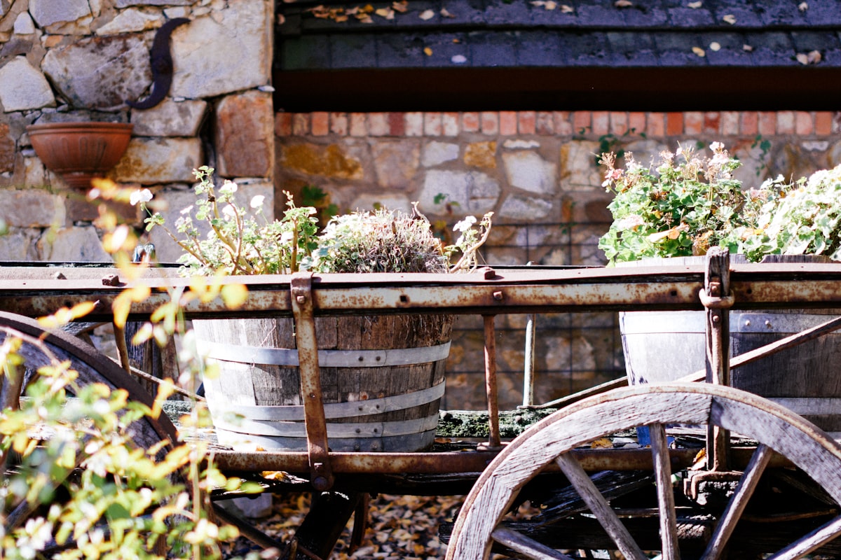 a wagon filled with lots of potted plants related to Country Swags and Valances