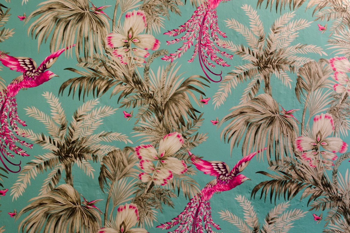a wallpaper with pink and white flowers and palm trees related to Tropical Quilts & Coverlets