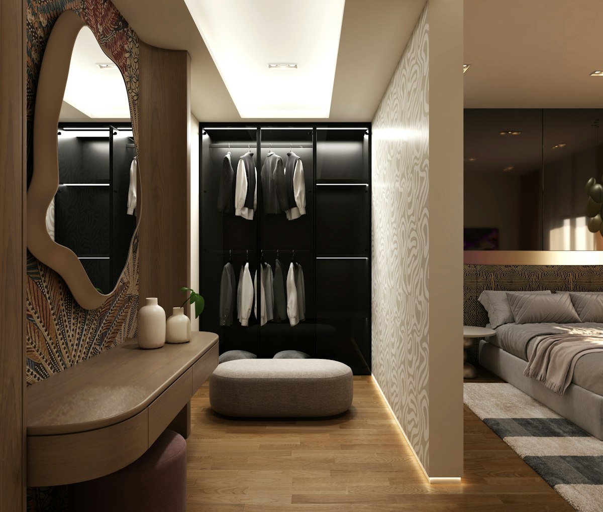 A warm contemporary bedroom featuring custom furniture, artistic wall finishes, natural lighting, and luxury interior details. Created as a 3D architectural visualization. related to Dreams and Delights: Collectible Bedding from As Seen on TV