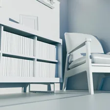 a white chair sitting next to a book shelf related to Elevate Your Home with White Sideboards Furniture