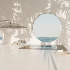 A white table with a mirror and umbrella on it related to Explore the Best Tanning Bed Options for Your Home