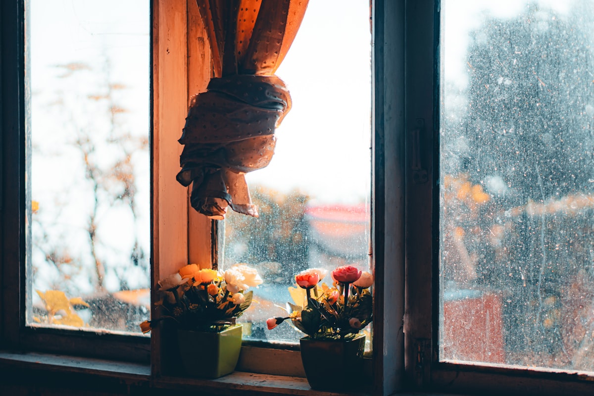 a window sill with flowers in front of it related to Elevate Your Window Decor with a Navy Blue and White Valance