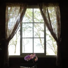 a window with curtains and a vase with flowers in it related to The Art of Window Dressing: Valances and Swags