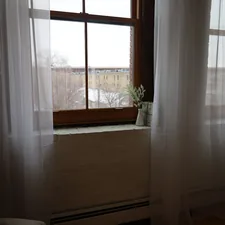 a window with sheer curtains and a potted plant related to Elegant Window Treatments: Box Pleat Valance