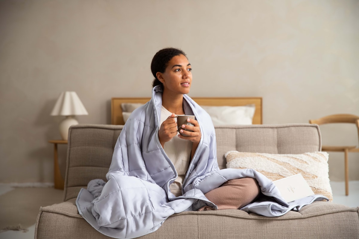 a woman sitting on a couch holding a cup of coffee related to The Ultimate Guide to Choosing the Perfect Bed, Chair, and Pillow for Optimal Comfort