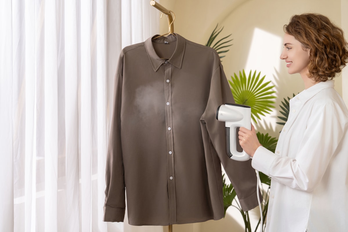 A woman smiles while steaming a taupe button-down shirt with Neakasa M1 vacuum steamer related to Effective Solutions for Bed Bug Treatment