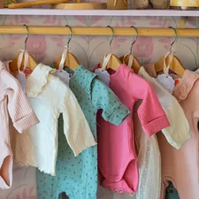 Baby clothes hanging on a rack related to Valances for Nursery