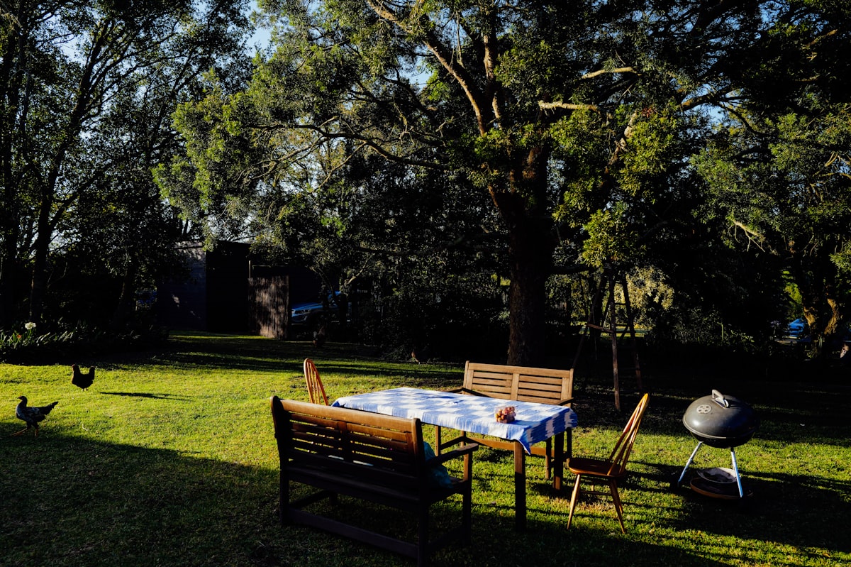 Backyard picnic table with barbecue grill and chickens. related to Unlocking the Charm of Outdoor Living with Blue Rooster Prairie Chiminea