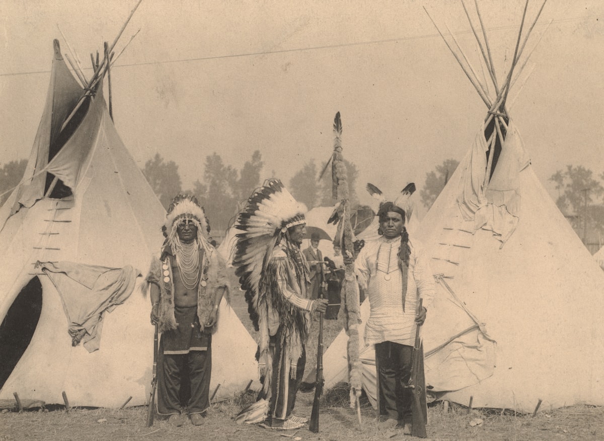 Black Foot, Standing Bear, Big Eagle, Sioux. Three members of the Sioux tribe pose in Indian Village, 1898 related to Timeless Tributes: Native American Bed Sets Elegance