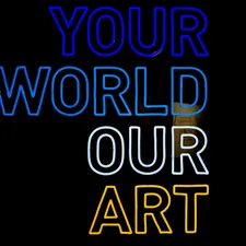 Blue and yellow neon sign that reads, “Your World sour Art” related to Add a Pop of Color to Your Windows with Bright Colored Valances